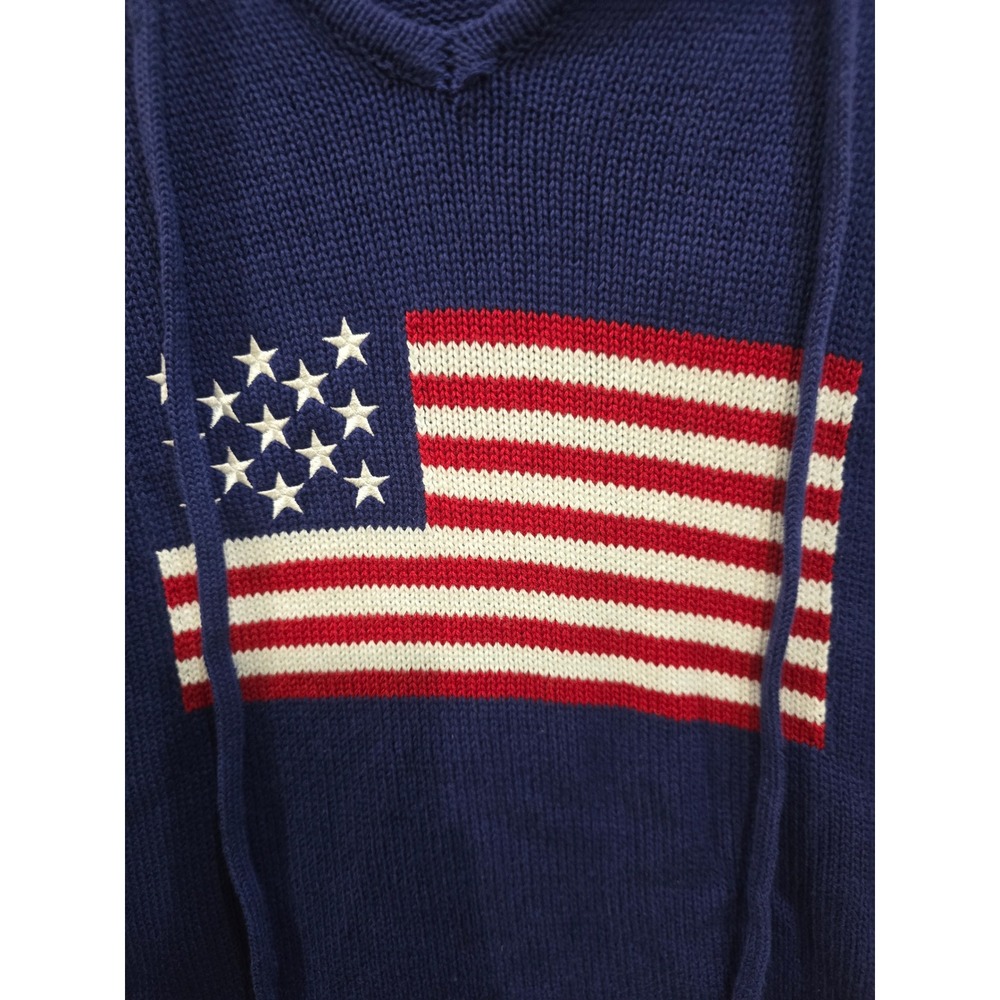 Brit.NY Blue 100% Cotton American Flag Knit Hoodie Sweater Medium Patriotic - Picture 4 of 10